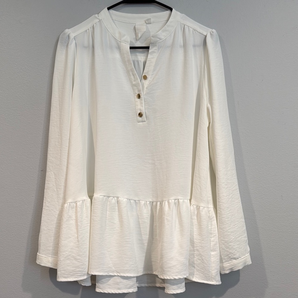 Ady P White Babydoll Long Sleeve Quarter Button Blouse with Ruffle - Size Medium